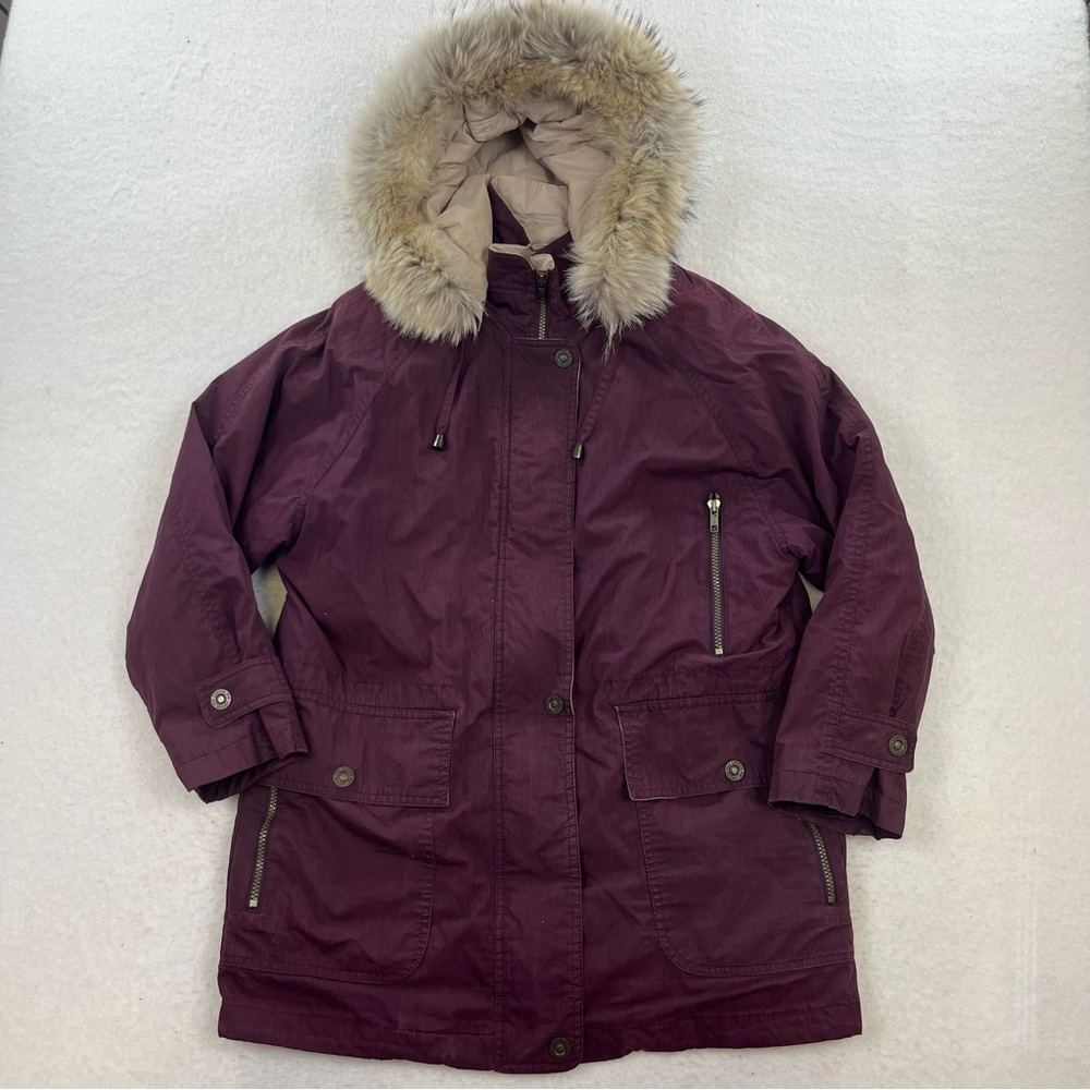 London Fog Maroon Coat w/ Fur Lined Hood and Lined Size Small